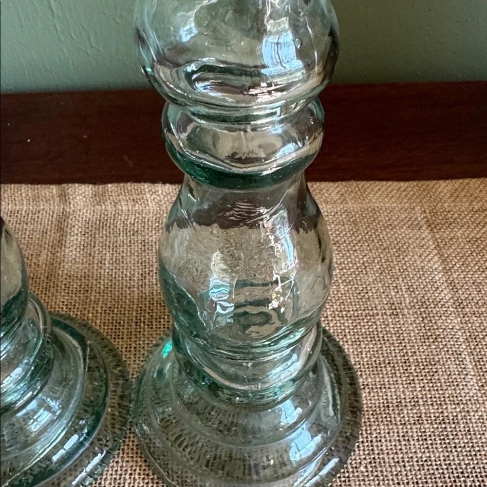 Pottery Barn Pair of Green Recycled Glass Candle Sticks Made in Spain ~8”